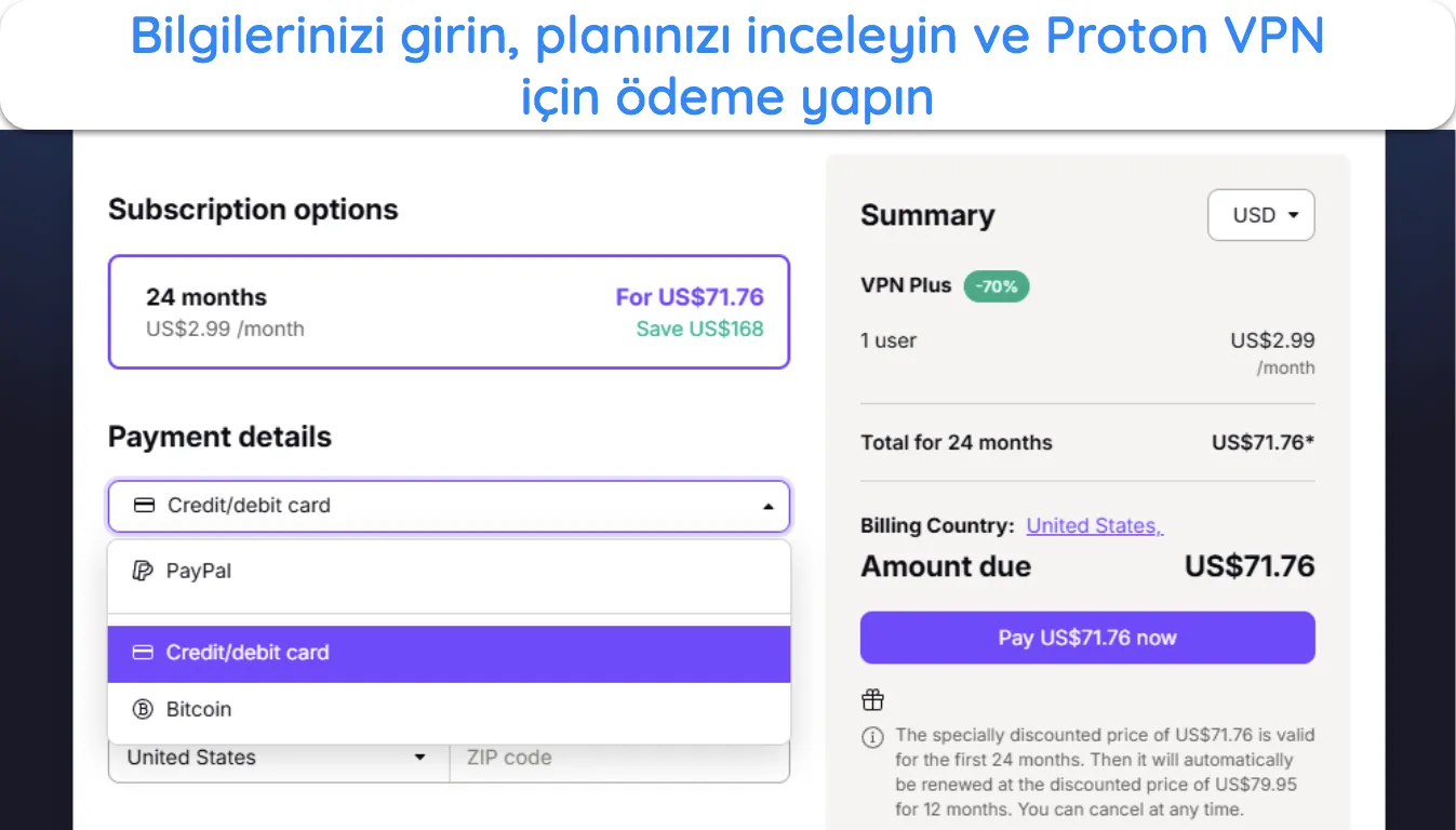 Proton VPN'in abonelik incelemesini ve ödeme seçeneklerini gösteren web sitesinin görüntüsü.