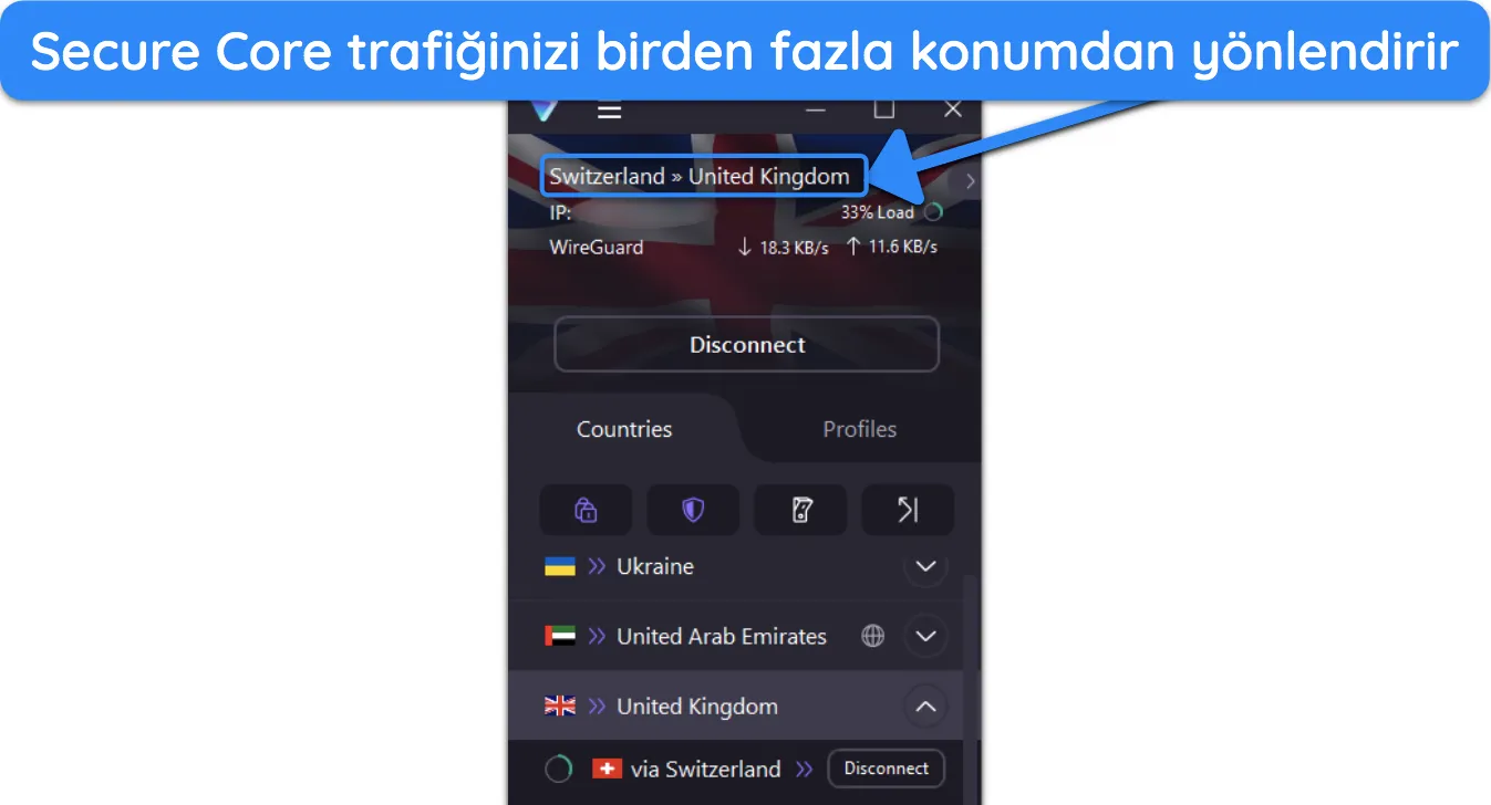 Proton VPN uygulamasındaki Güvenli Çekirdek Bağlantısı'nın ekran görüntüsü.