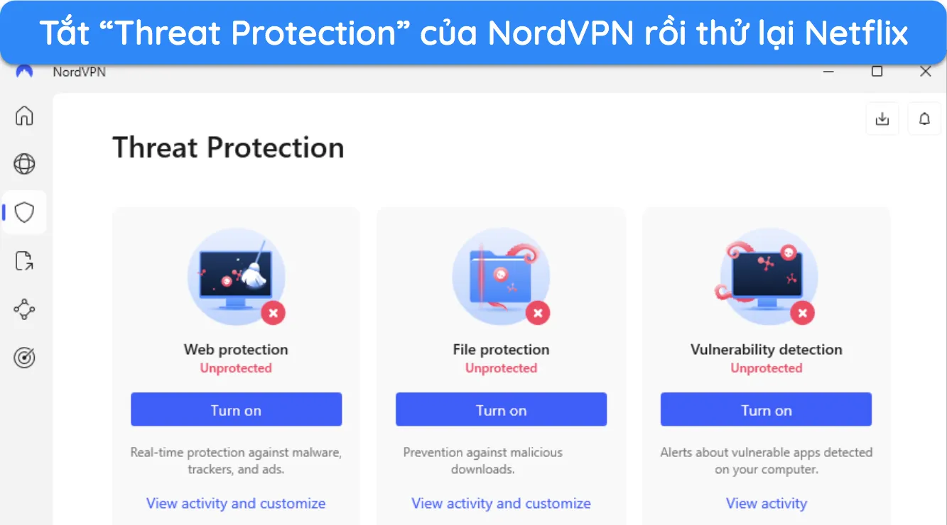 Hình ảnh ứng dụng Windows của NordVPN hiển thị tính năng Bảo vệ khỏi mối đe dọa.