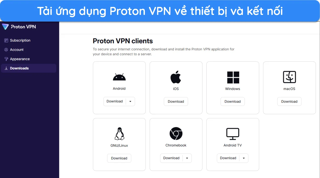 ảnh trang tài khoản Proton VPN hiển thị các ứng dụng có sẵn để tải xuống các thiết bị khác nhau.