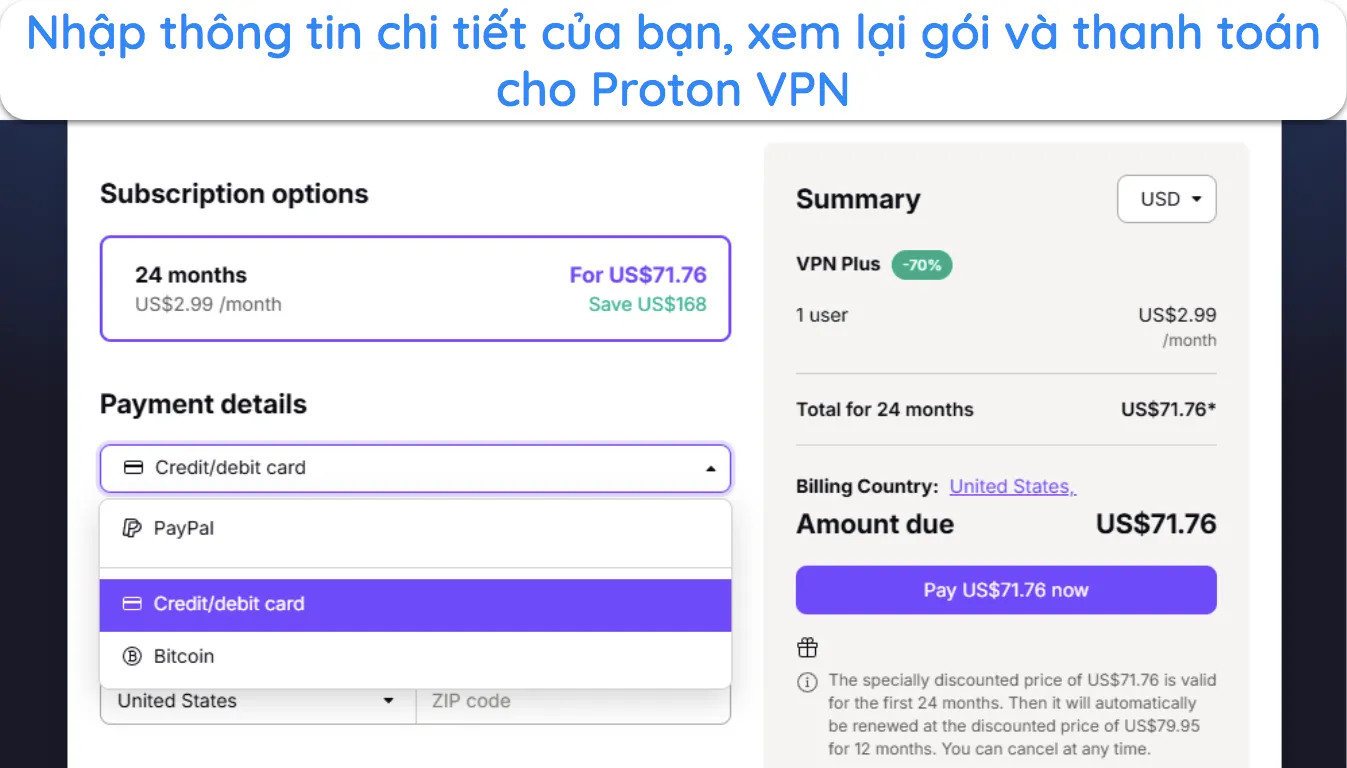 ảnh trang web của Proton VPN hiển thị đánh giá đăng ký và các tùy chọn thanh toán.