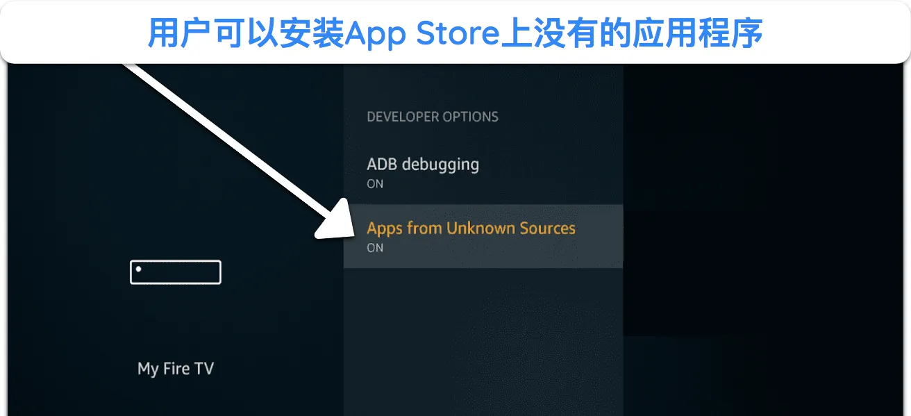 Fire TV 上启用的来自未知来源的应用程序的屏幕截图。