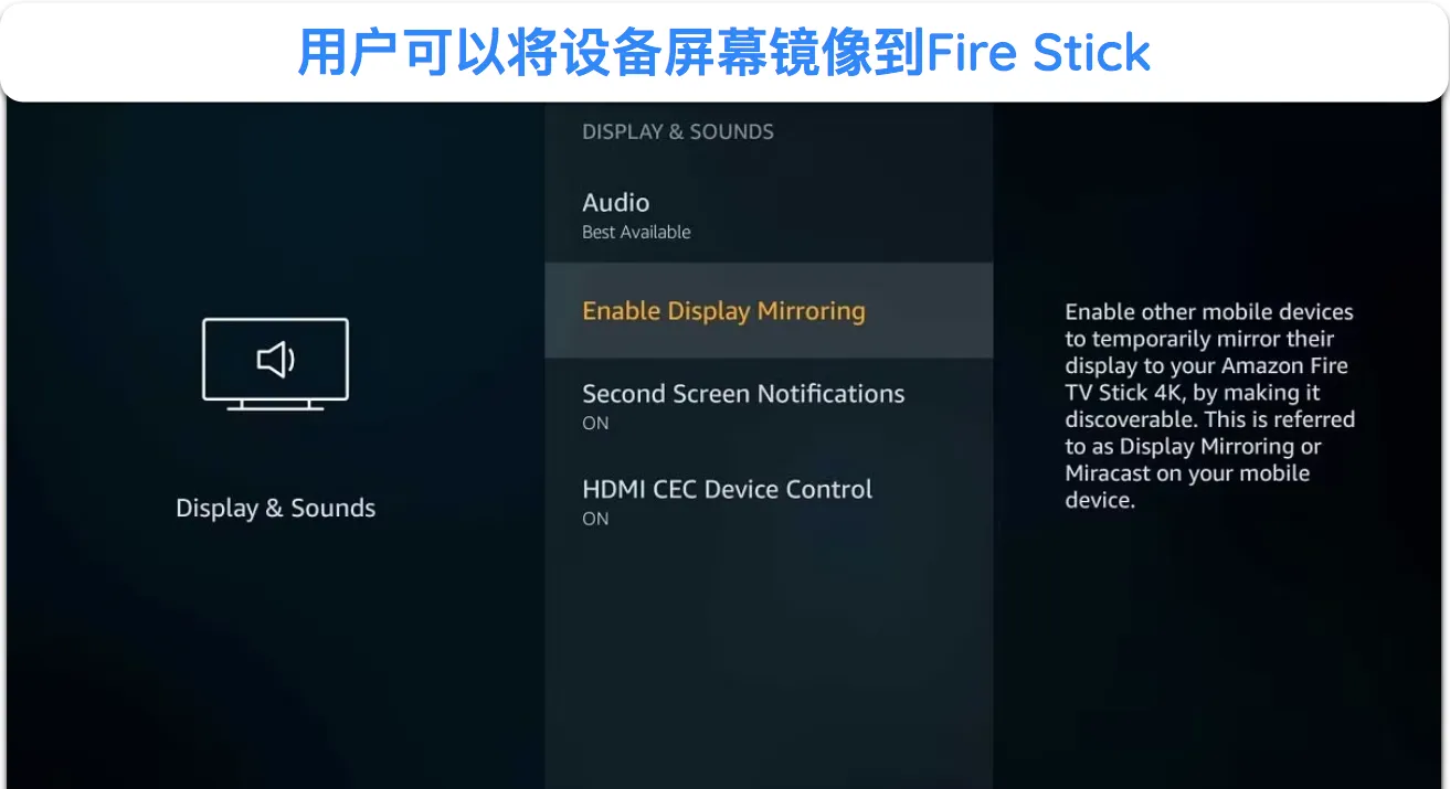 如何在 Amazon Fire Stick 上启用显示镜像的屏幕截图。