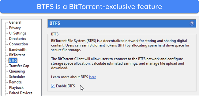 Screenshot showing the BitTorrent-exclusive BTFS feature