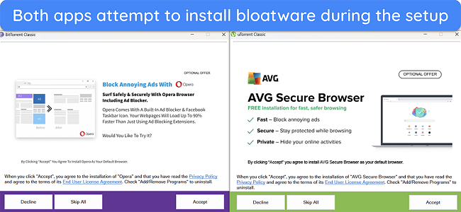 Screenshot showing BitTorrent and uTorrent attempting to install other apps during the setup process