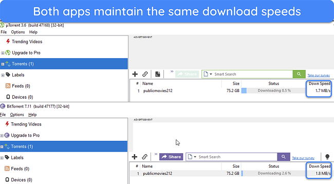 Screenshot showing a comparison of uTorrent and BitTorrent's download speeds