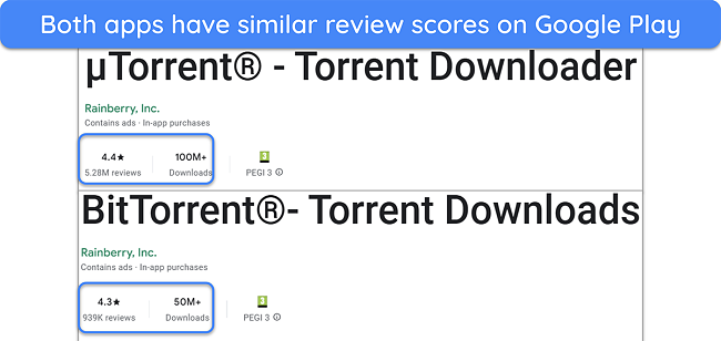 Screenshot showing a comparison of BitTorrent and uTorrent's review scores on Google Play