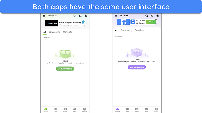 Screenshot showing a comparison of BitTorrent and uTorrent's Android app interface