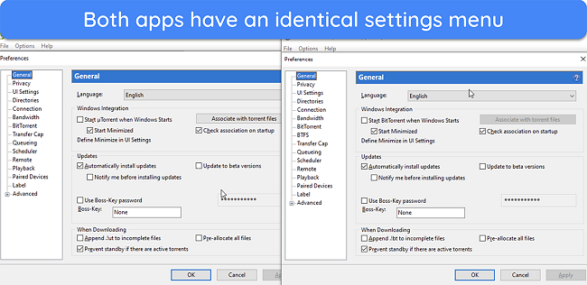 Screenshot showing a comparison of settings menu in BitTorrent and uTorrent's desktop apps