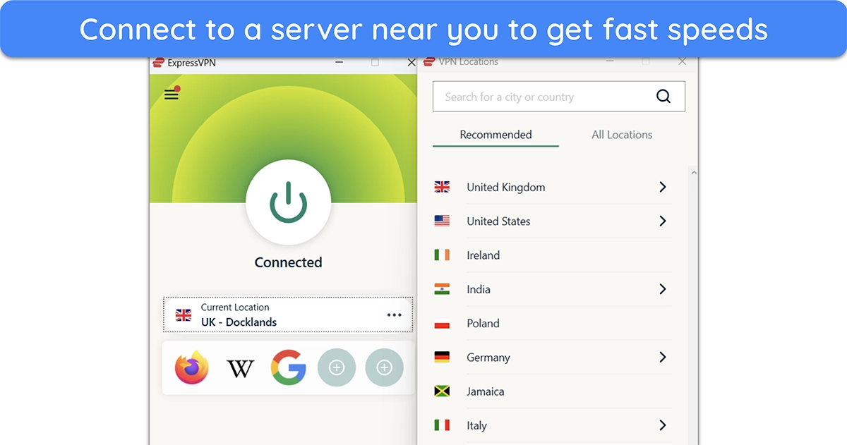 Screenshot showing ExpressVPN's server options