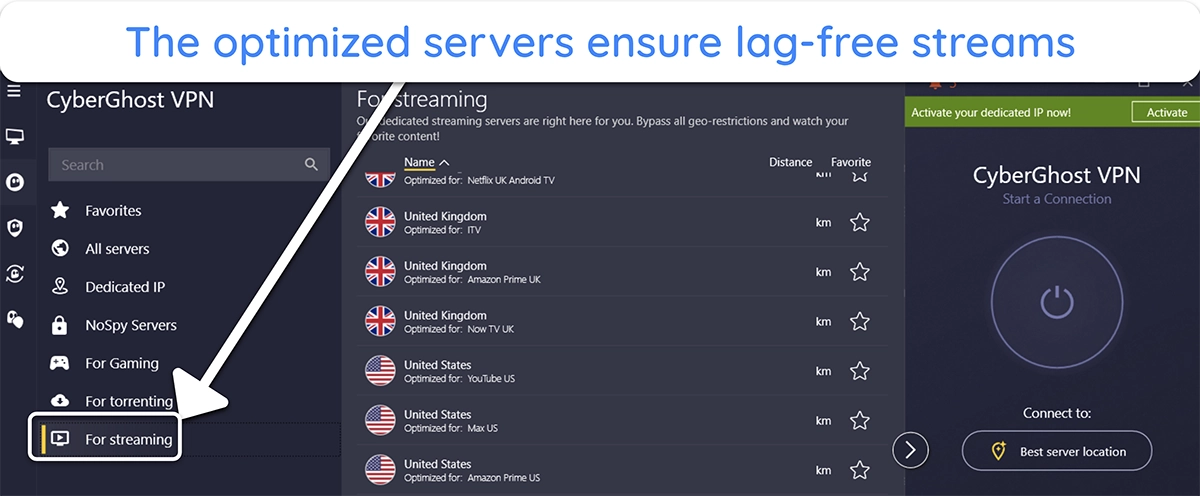 Screenshot showing CyberGhost's streaming-optimized servers