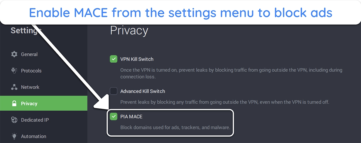 Screenshot showing how to enable PIA's MACE feature