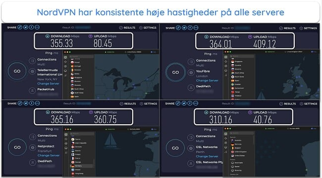 Skærmbillede af NordVPN-hastighedstestresultater i Storbritannien, Frankrig, New Zealand og USA