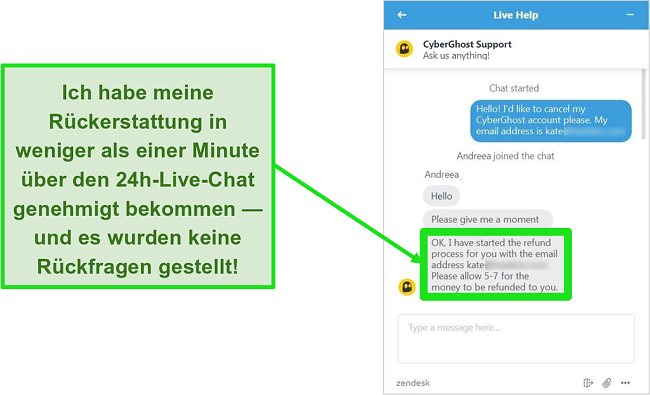 Screenshot eines Benutzers, der erfolgreich eine Rückerstattung von CyberGhost über den Live-Chat mit der 30-tägigen Geld-zurück-Garantie beantragt