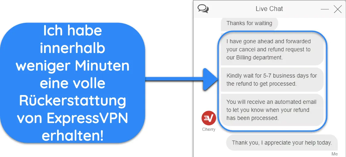 Screenshot eines Benutzers, der über einen Live-Chat erfolgreich eine Rückerstattung von ExpressVPN mit der 30-tägigen Geld-zurück-Garantie beantragt