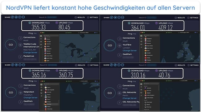 Screenshot der Ergebnisse des NordVPN-Geschwindigkeitstests in Großbritannien, Frankreich, Neuseeland und den USA