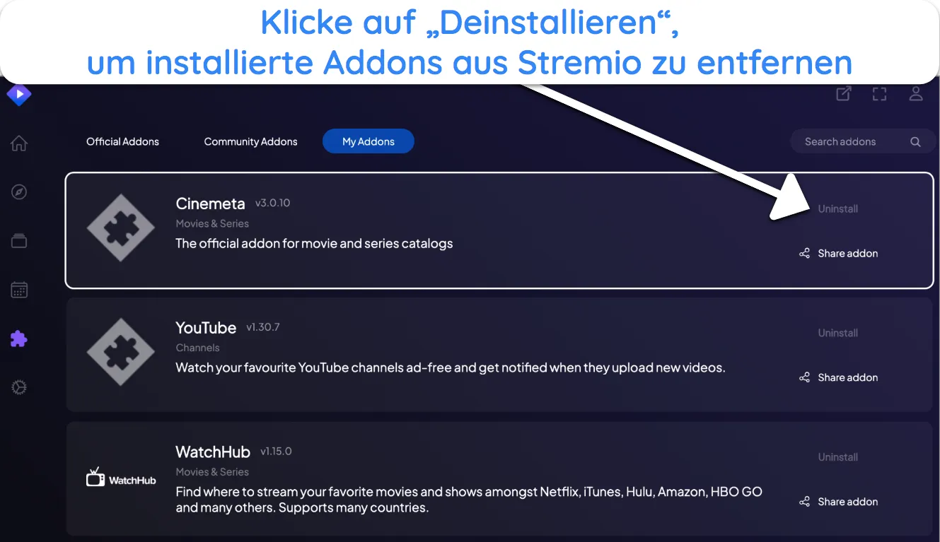 Screenshot der Deinstallation eines Stremio-Add-ons.
