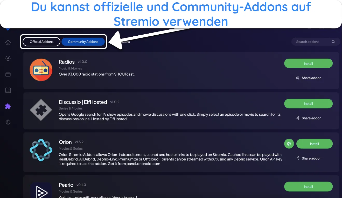 Screenshot der Installation von Add-ons auf Stremio.