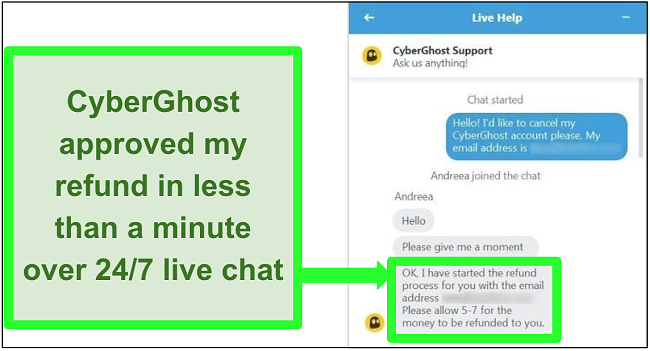 Screenshot of a user successfully requesting a refund from CyberGhost over live chat with the 30-day money-back guarantee