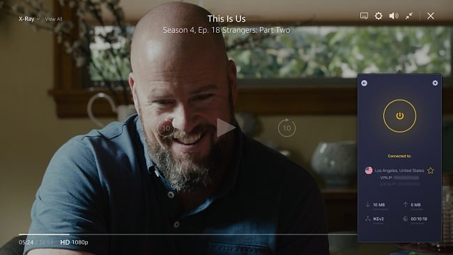 Screenshot of CyberGhost connecting to a US server and unblocking the show This Is Us on Amazon Prime Video