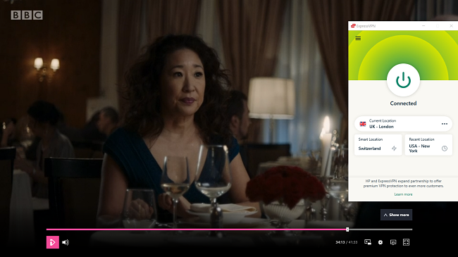 Screenshot of ExpressVPN connected to a UK server and unblocking Killing Eve on BBC iPlayer