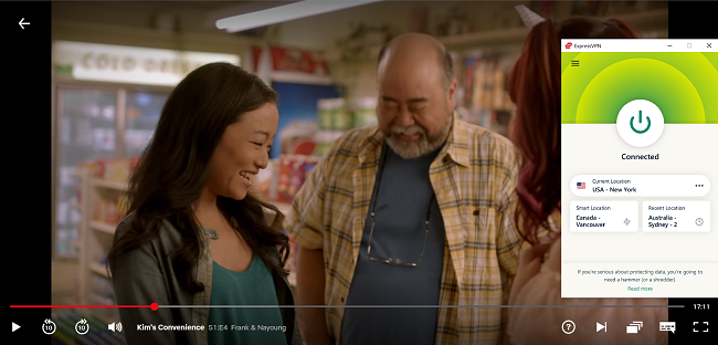 Screenshot of ExpressVPN connected to a US New York server and unblocking Kim\'s Convenience on Netflix