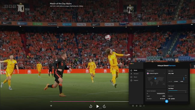 Screenshot of Hotspot Shield connecting to a UK server and unblocking the show Match of the Day on BBC iPlayer