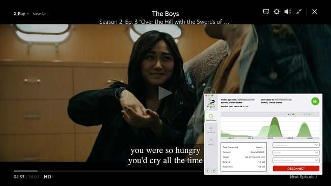 Screenshot of IPVanish connecting to a US server and unblocking the show The Boys on Amazon Prime Video