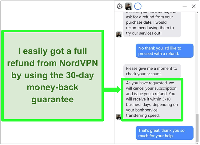 Screenshot of a user successfully requesting a refund from NordVPN over live chat with the 30-day money-back guarantee