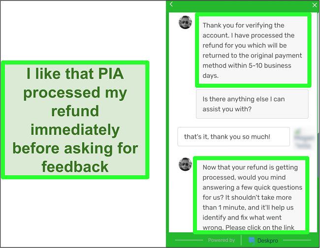 Screenshot of a Private Internet Access representative approving a refund using the money-back guarantee over live chat