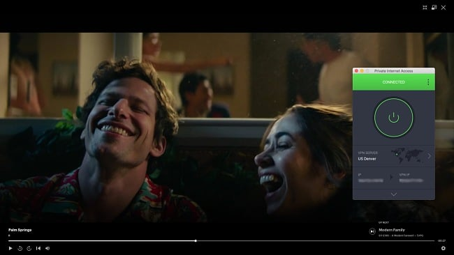 Screenshot of Private Internet Access connecting to a US server and unblocking the show Palm Springs on Hulu