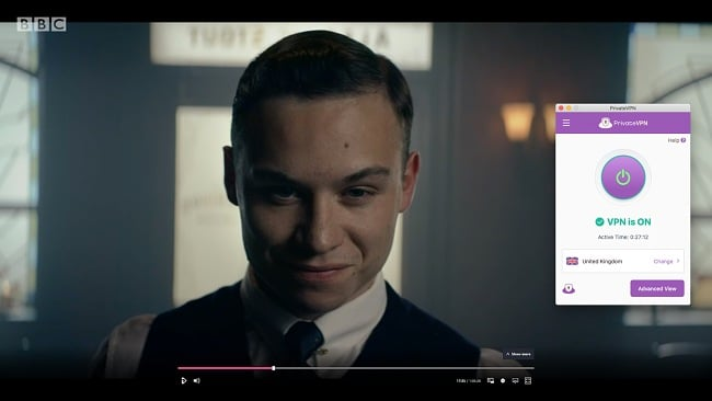 Screenshot of PrivateVPN connecting to a UK server and unblocking the show Peaky Blinders on BBC iPlayer