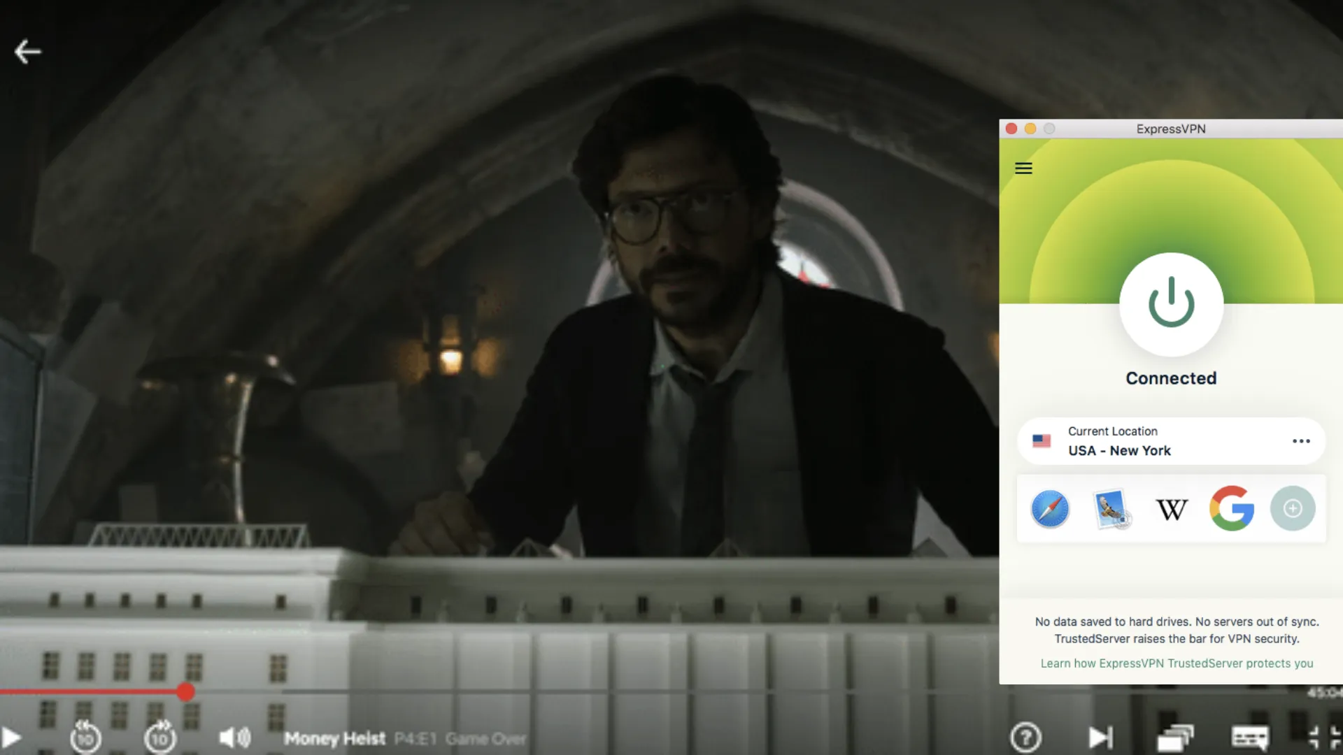 Screenshot of ExpressVPN connected to a US New York server and unblocking the show Money Heist on Netflix