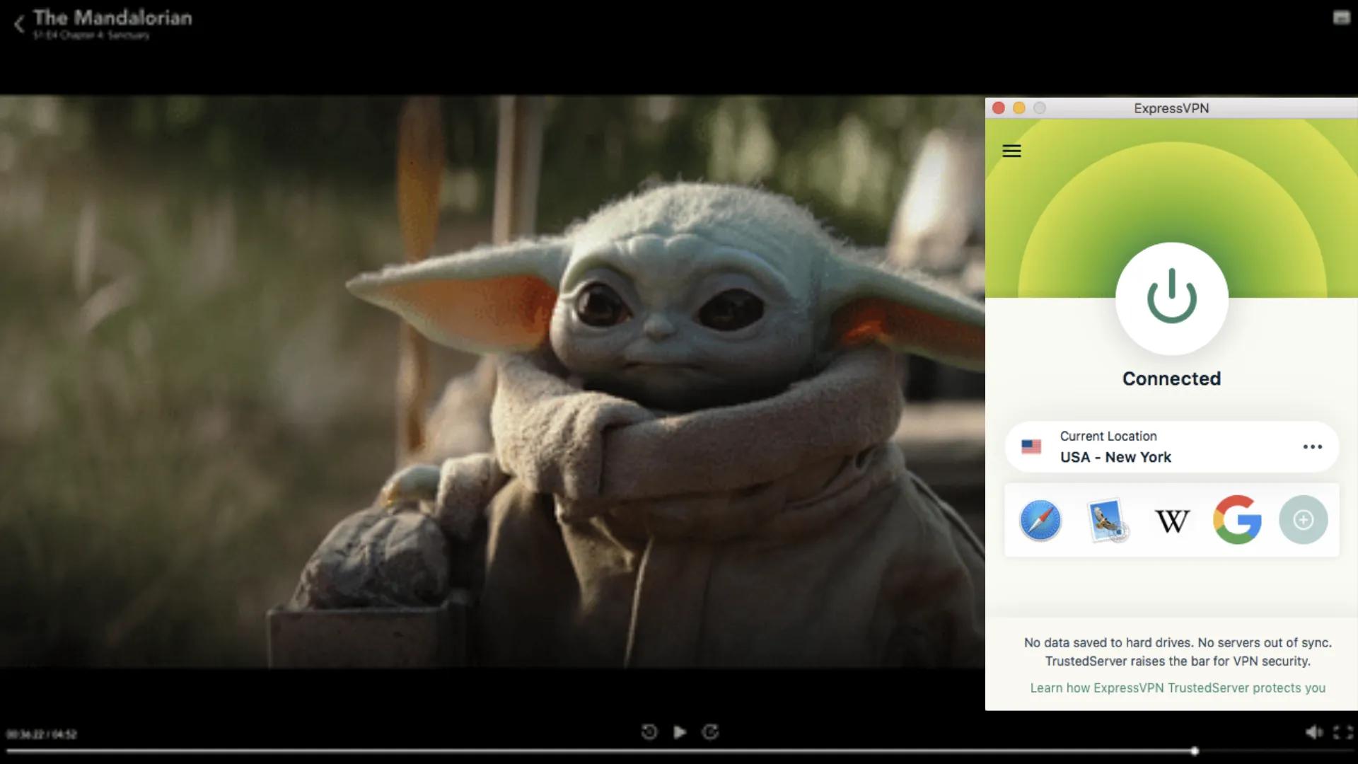 Screenshot of ExpressVPN connected to a US New York server and unblocking The Mandalorian on Disney+