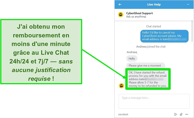 Capture d\'écran d\'un utilisateur demandant avec succès un remboursement à CyberGhost via un chat en direct avec la garantie de remboursement de 30 jours