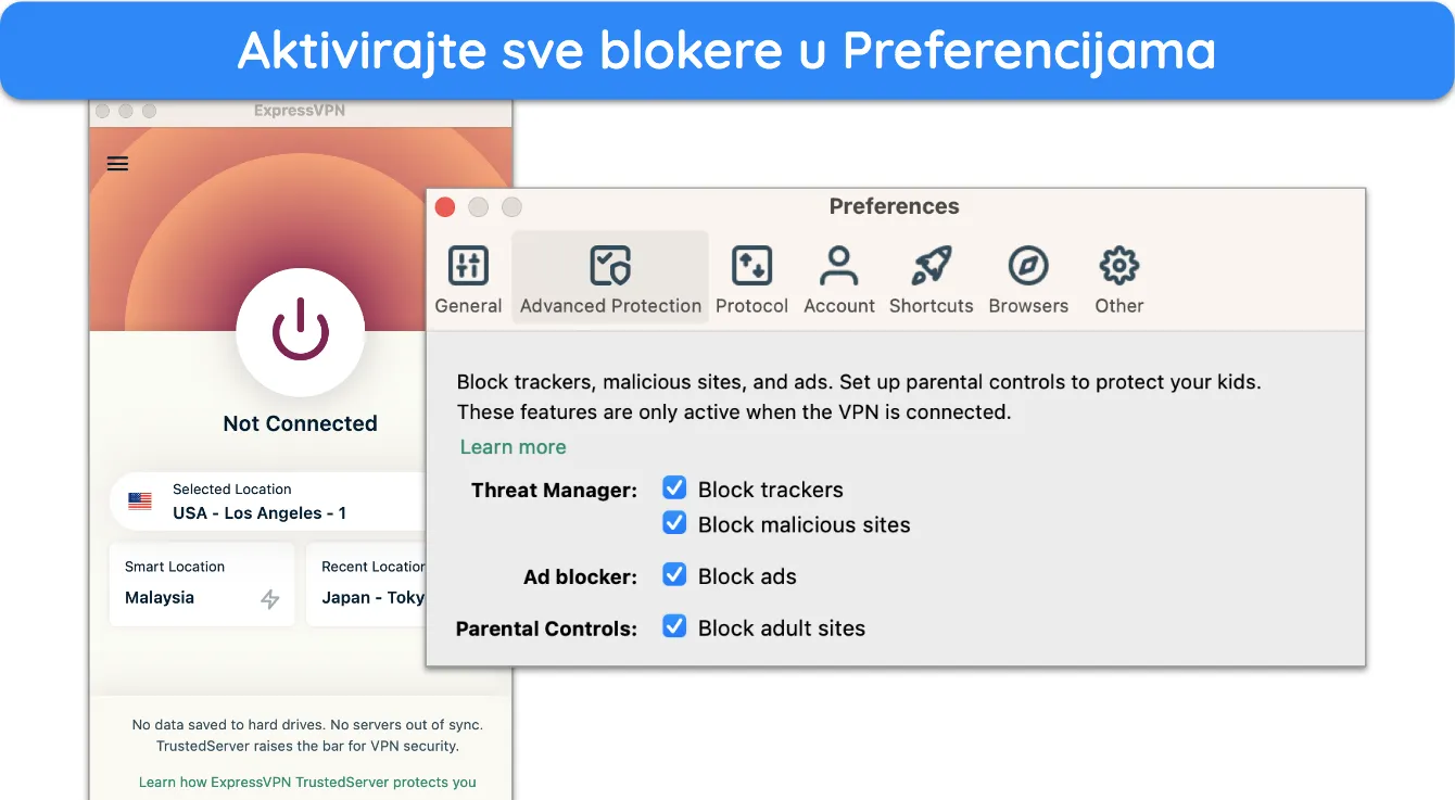 Snimka zaslona opcija napredne zaštite ExpressVPN-a.