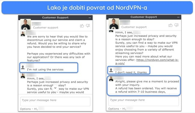 Snimka zaslona korisnika koji je uspješno zatražio povrat od NordVPN-a putem live chata uz 30-dnevno jamstvo povrata novca