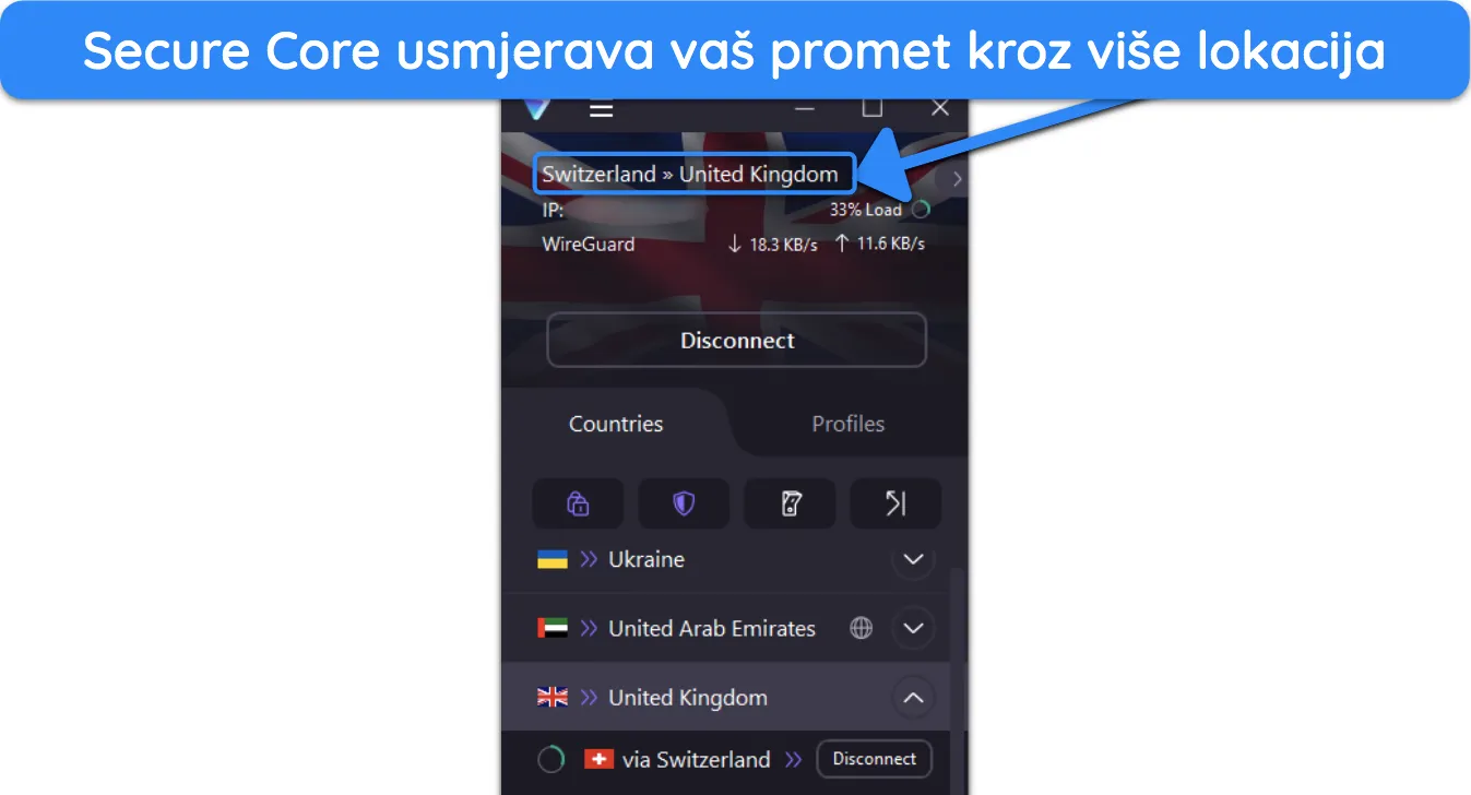 Snimka zaslona Secure Core Connection u aplikaciji Proton VPN.