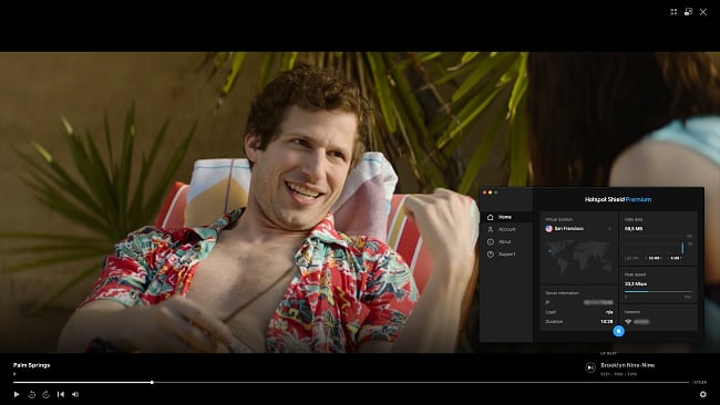 Screenshot of Hotspot Shield connecting to a US server and unblocking the show Palm Springs on Hulu
