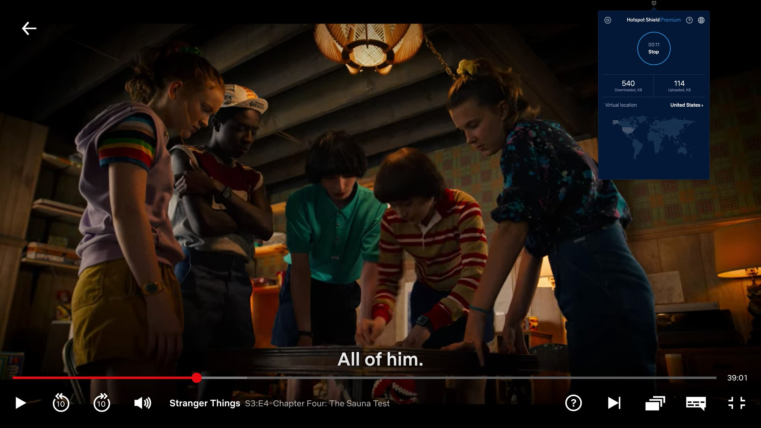 Screenshot of Hotspot Shield streaming Stranger Things on Netflix