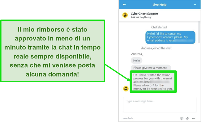 Schermata di un utente che richiede con successo un rimborso da CyberGhost tramite chat dal vivo con la garanzia di rimborso di 30 giorni