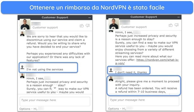 Screenshot di un utente che richiede con successo un rimborso a NordVPN tramite chat dal vivo con la garanzia di rimborso di 30 giorni