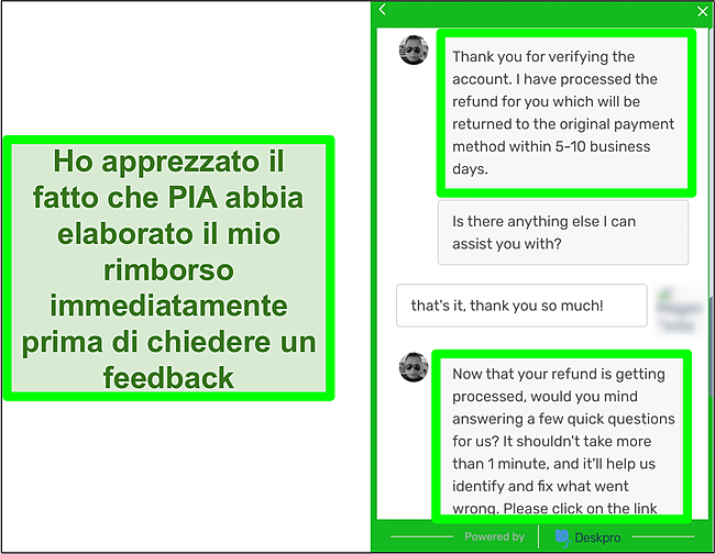 Schermata di un rappresentante di Private Internet Access che approva un rimborso utilizzando la garanzia di rimborso tramite live chat