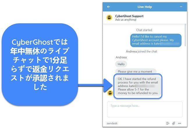 45 日間の返金保証付きでライブチャットを通じて Cyber​​Ghost に返金をリクエストしたユーザーのスクリーンショット