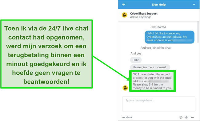 Screenshot van een gebruiker die met succes een terugbetaling aanvraagt van CyberGhost via livechat met de 30 dagen geld-terug-garantie