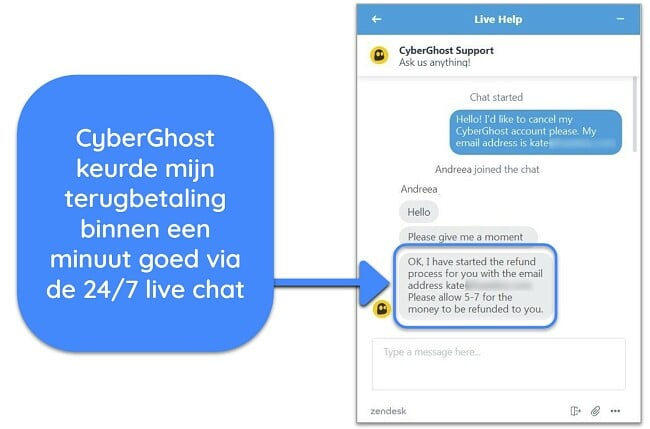 Schermafbeelding van een gebruiker die succesvol een terugbetaling aanvraagt ​​bij CyberGhost via livechat met de geld-terug-garantie van 45 dagen