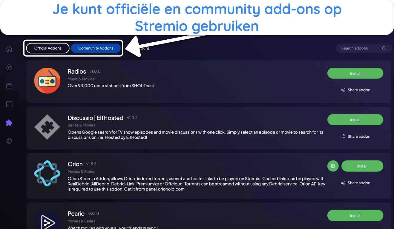 Screenshot van hoe je addons installeert op Stremio.