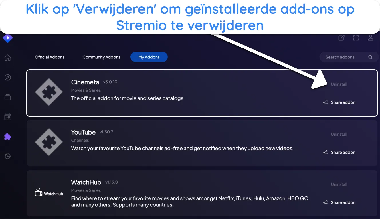 Screenshot van hoe je een Stremio-add-on verwijdert.