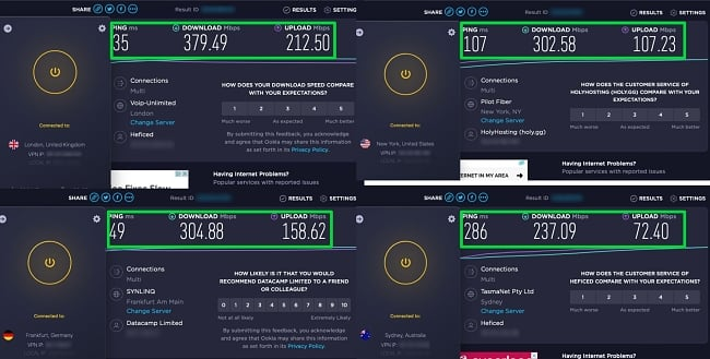 Screenshot of CyberGhost speed tests showing servers in the US, UK, Australia, and Germany