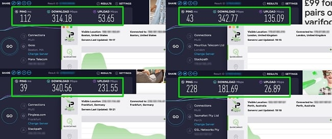 Screenshot von IPVanish-Geschwindigkeitstests mit Servern in den USA, Großbritannien, Australien und Deutschland